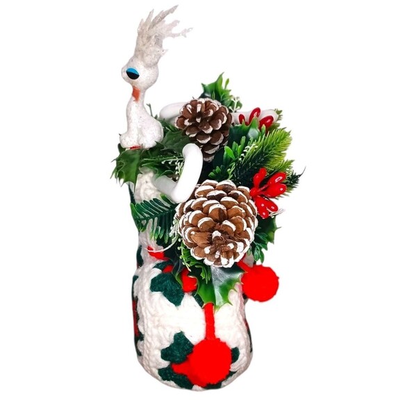 Vtg Handmade Hand Crocheted Christmas Stocking Tabletop Decoration Kitsch Deer - Picture 2 of 3